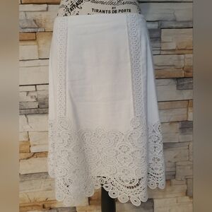 NWT Kobi Halperin Elegant DESI White Lace Trim Linen Blend Knee High Skirt M